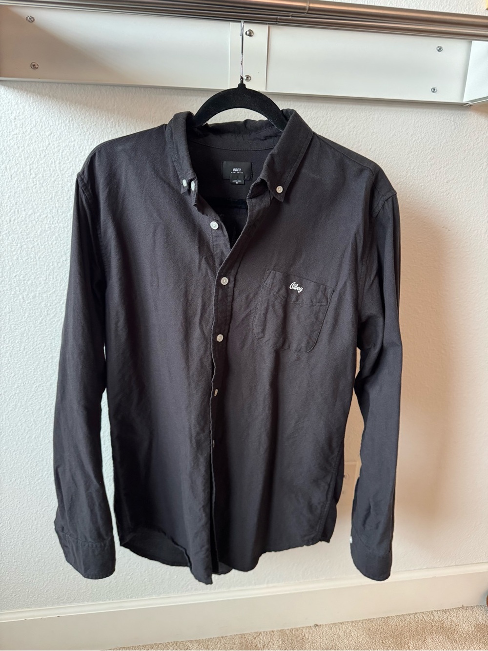 Obey Men’s Black Button-Down Shirt with Chest Pocket Mens Medium